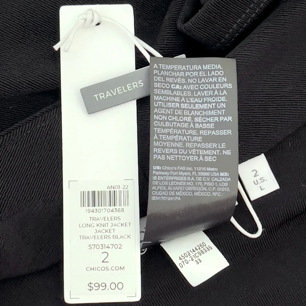 Chico’s Travelers Classic Long Knit Jacket Open Front Pockets Bracelet Sleeves